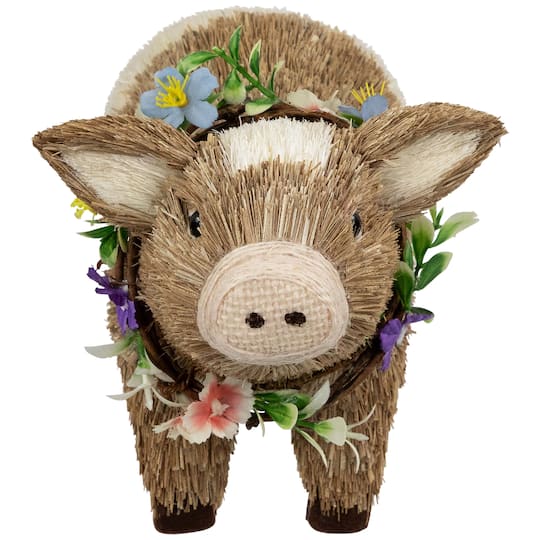 10.25" Brown & Beige Boy Piglet with Floral Wreath Spring Figurine